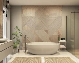 Elegant modern bathroom featuring a large tub and a stylish wooden wall in Dallas County, IA
